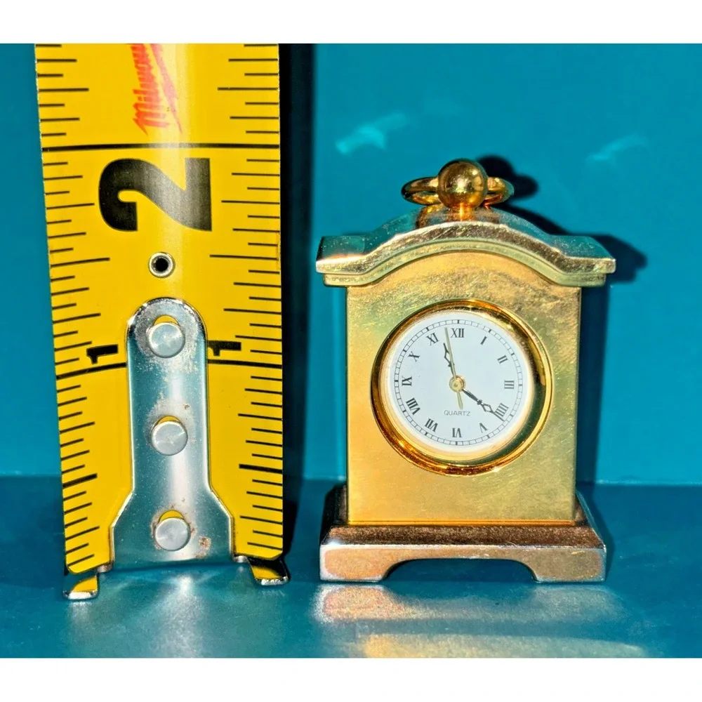 Vintage Mini Brass Quartz Mantel Desk Clock Roman Numerals Hong Kong Gold